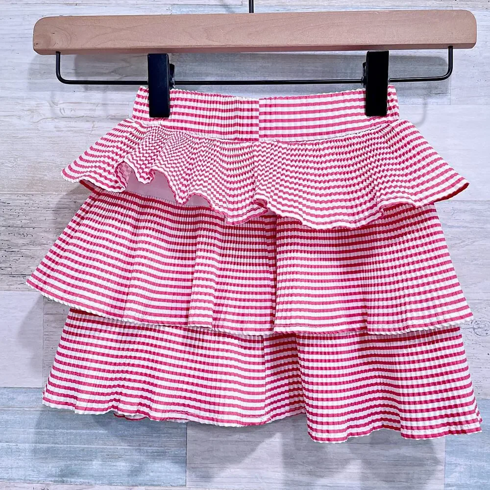 PinkFong Ruffle Tiered Crinkled Pull On Skirt Pink White Stripe Toddler Girl 3T
